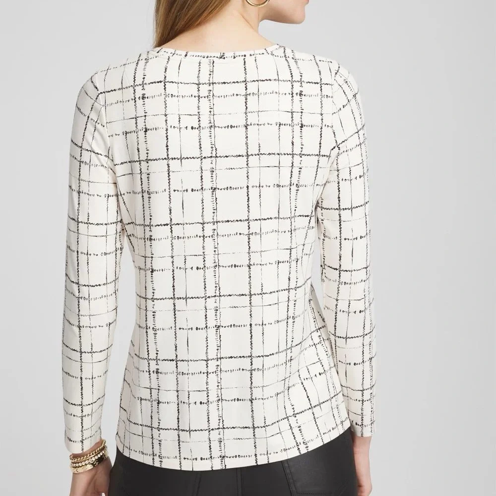 NWT Chico’s Touch of Cool Plaid Long Sleeve Layering Tee Cream XL